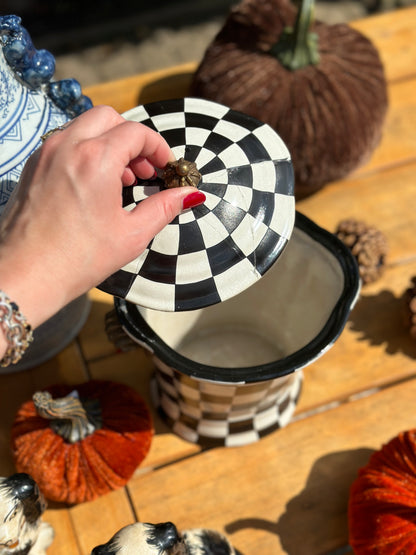 Danny's Fine Porcelain - Black & Which Check Jar W/ Bronze Lid and Shell Handles - 9L X 7W X 10H