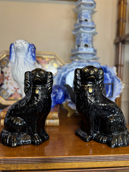 Antique 19th Century Black Staffordshire Spaniel Dog Pair | Style DA4420 | 9.5” Tall