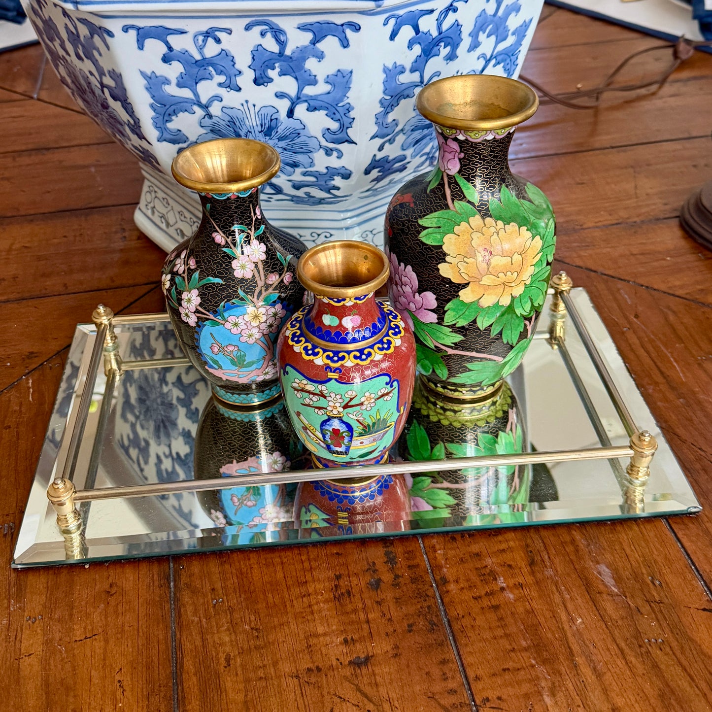 Gorgeous vintage rectangular perfume mirrored tray with brass rail 14 x 8
