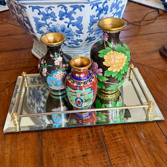 Gorgeous vintage rectangular perfume mirrored tray with brass rail 14 x 8