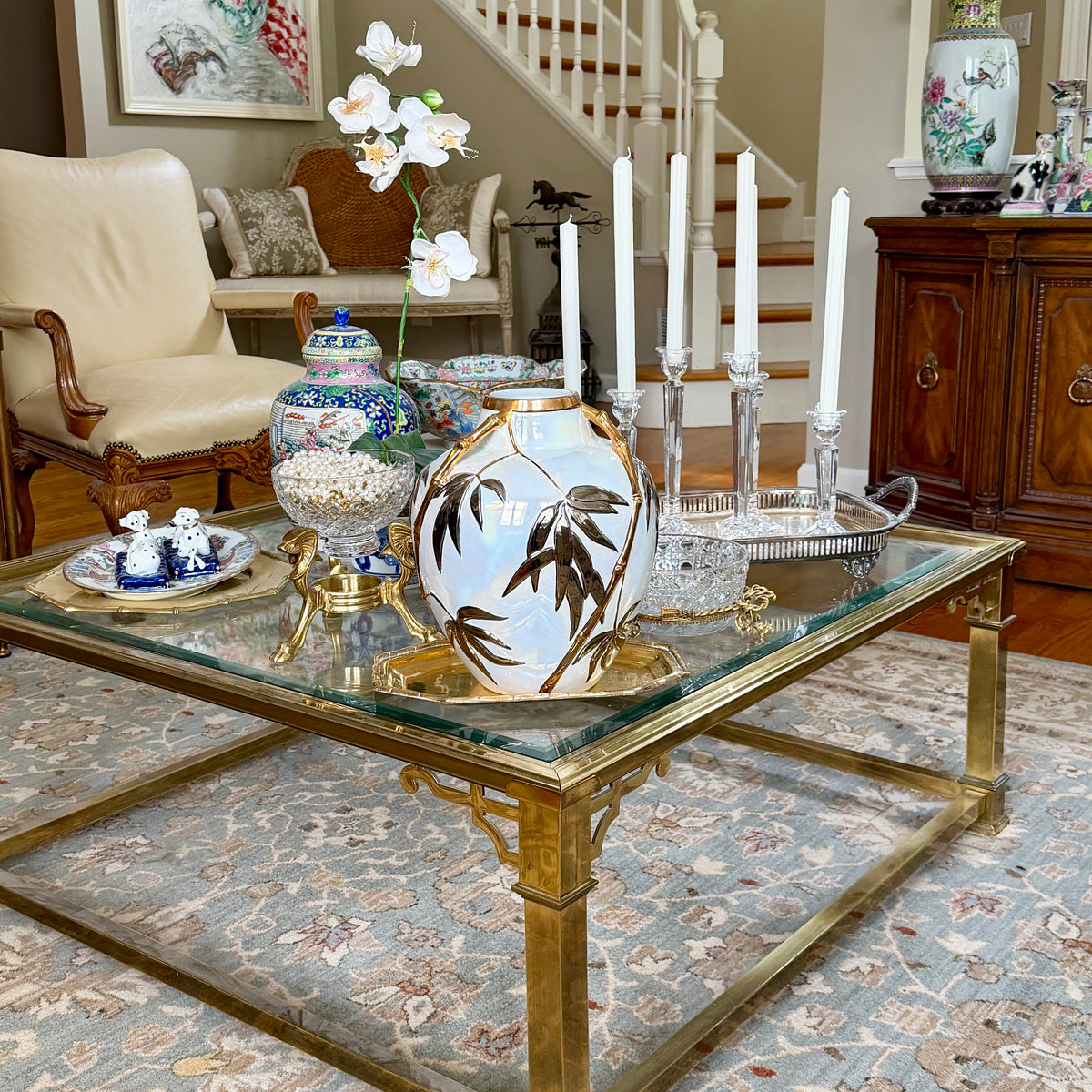 Extremely chic Italian designer Alessi vintage metallic faux bamboo gold and silver detailing on opal irredecent white vase