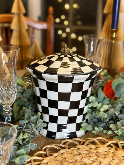 Danny's Fine Porcelain - Black & Which Check Jar W/ Bronze Lid and Shell Handles - 9L X 7W X 10H