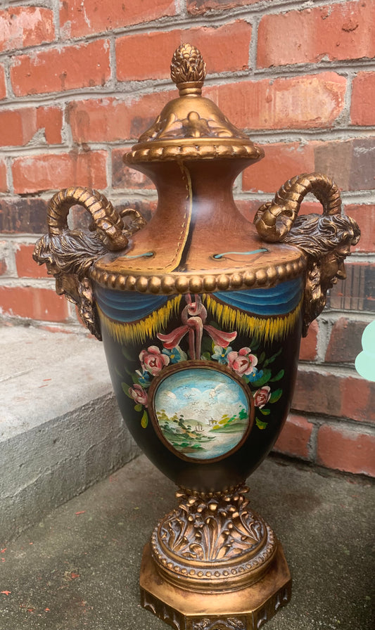Unique handpainted urn with florals, scenery, and ram’s head handles!