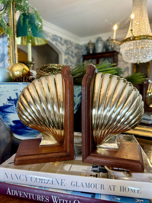 Fabulous Pair of Brass Shell Bookends
