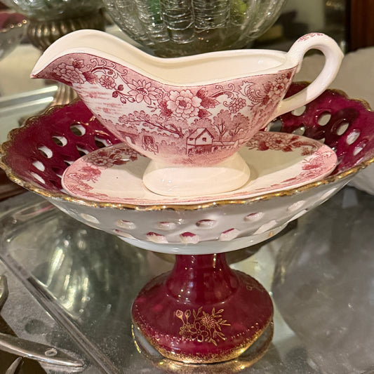 Vintage pink and white gravy boat / creamer for your pink Willow collection