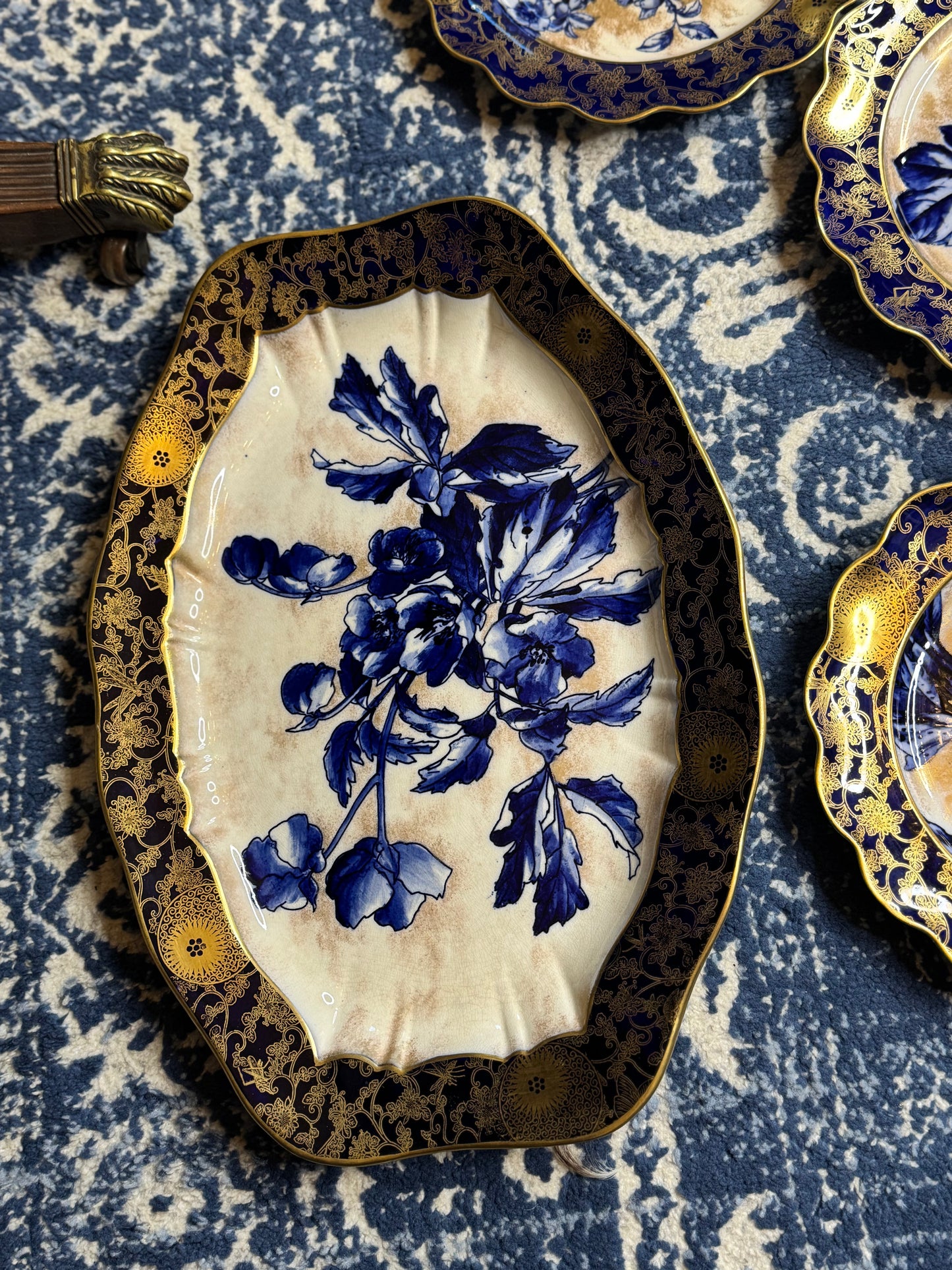 Antique Doulton Burslem “Blue Iris” Platter & (12) Scalloped 9.5”D Plates | England, c. 1890–1902