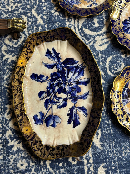 Antique Doulton Burslem “Blue Iris” Platter & (12) Scalloped 9.5”D Plates | England, c. 1890–1902