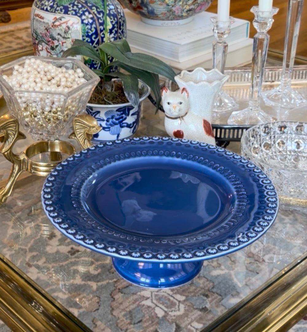 Vintage BORDALLO pinheiro of Portugal blue cake plate on stand