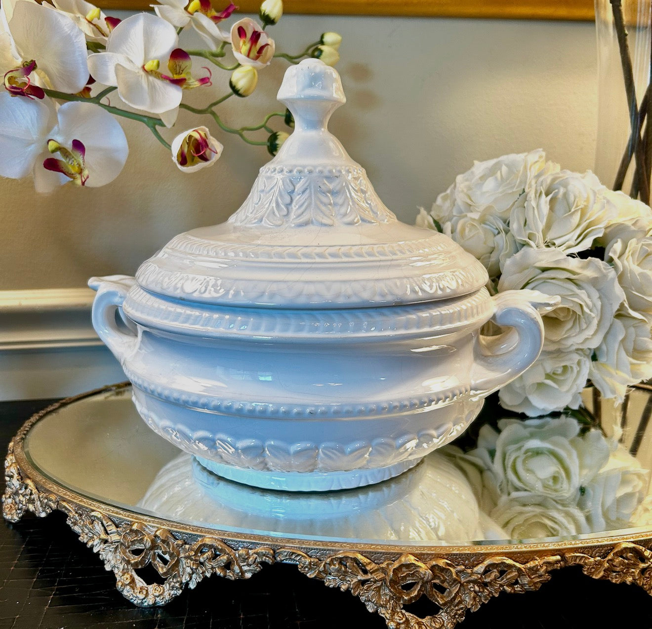 Designer vintage chic white tureen planter made in Portugal
