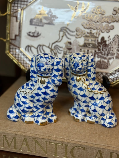 Danny’s Fine Porcelain Blue & White Spaniel Dog Figure Pair W/ Gold Accent (2 sizes to choose).