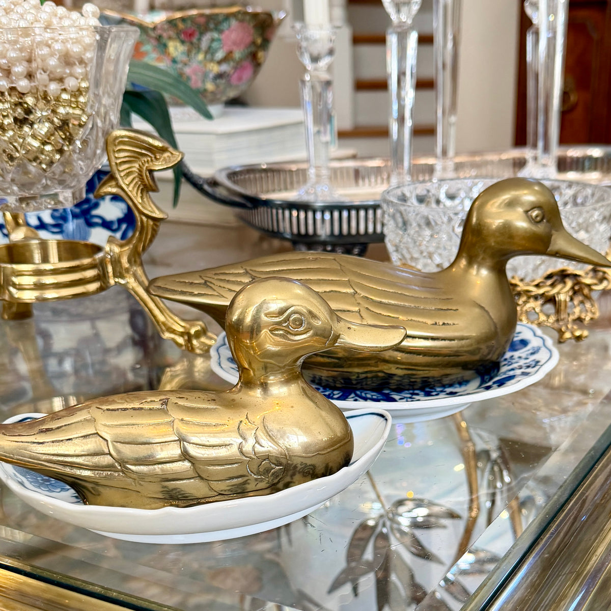 Pair of Darling Brass Vintage Ducks ... Mommy & Me Mallards 10 & 7 in