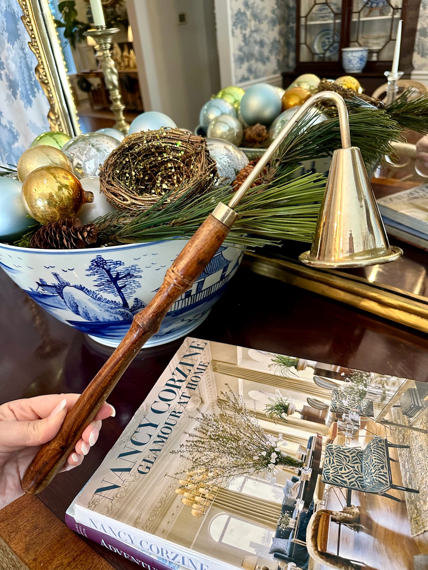 XL Vintage Brass & Wood Candle Snuffer, Measures 16” long x 5” high