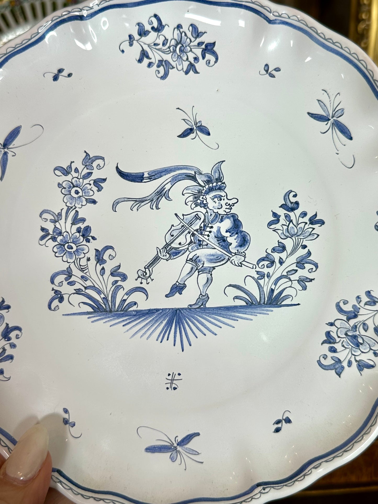 French Faience Hand painted Moustiers Blue & White Jester Plate