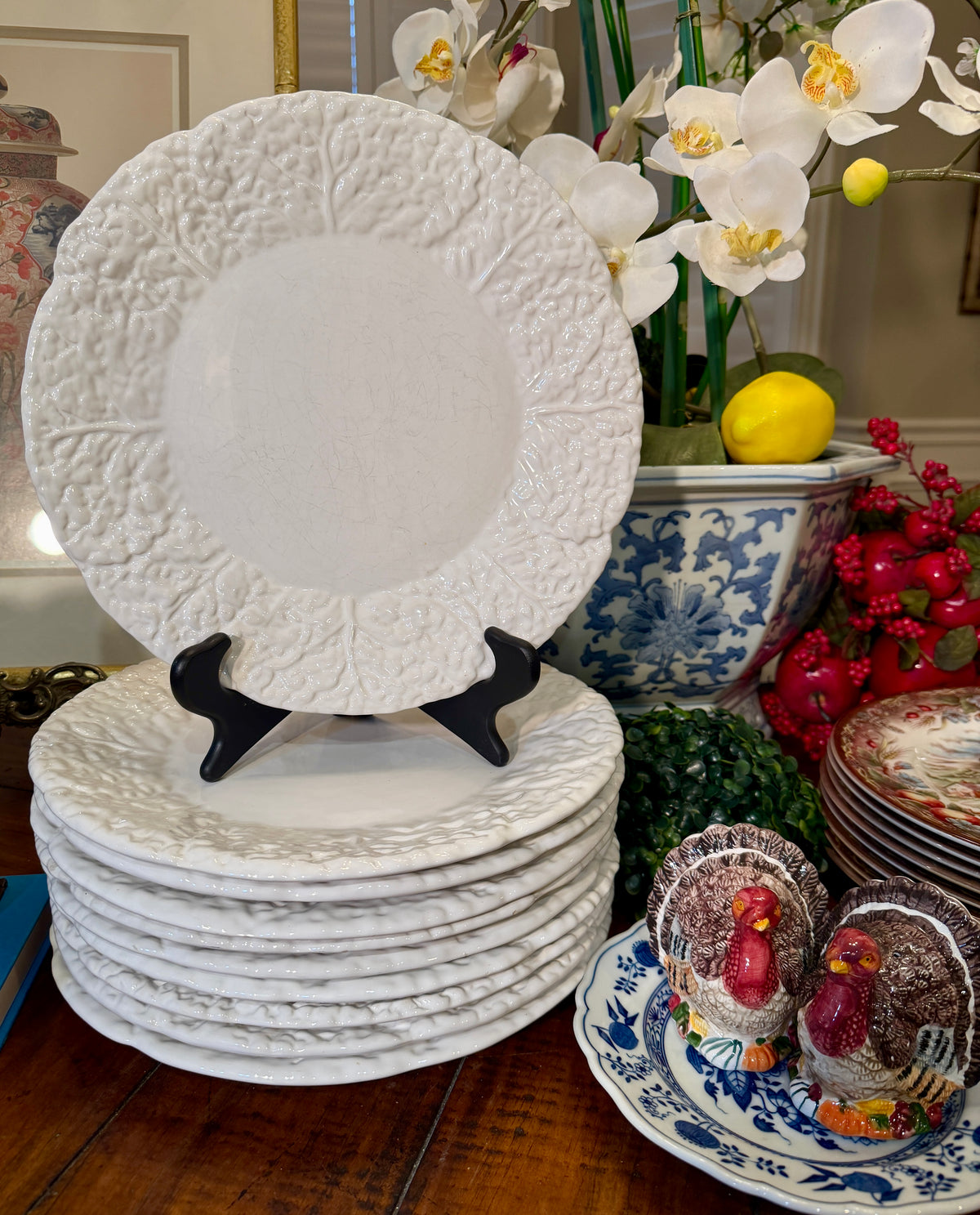 Vintage Bordallo Pinheiro White Cabbage Chargers | Set of 11 | Made in Portugal | 11.5"D