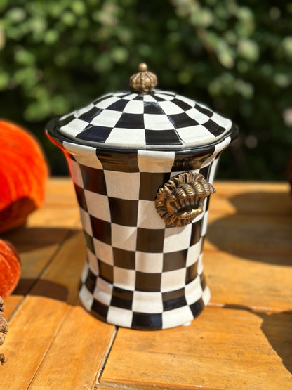Danny's Fine Porcelain - Black & Which Check Jar W/ Bronze Lid and Shell Handles - 9L X 7W X 10H