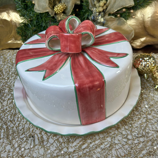 Big Red and Green Bow Covered Cake Plate, 12.5”x7.5” - Pristine!