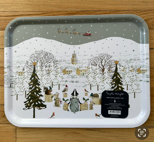 Scandinavian Birch Wood Serving Tray with Forest Animals 13 by 17”
