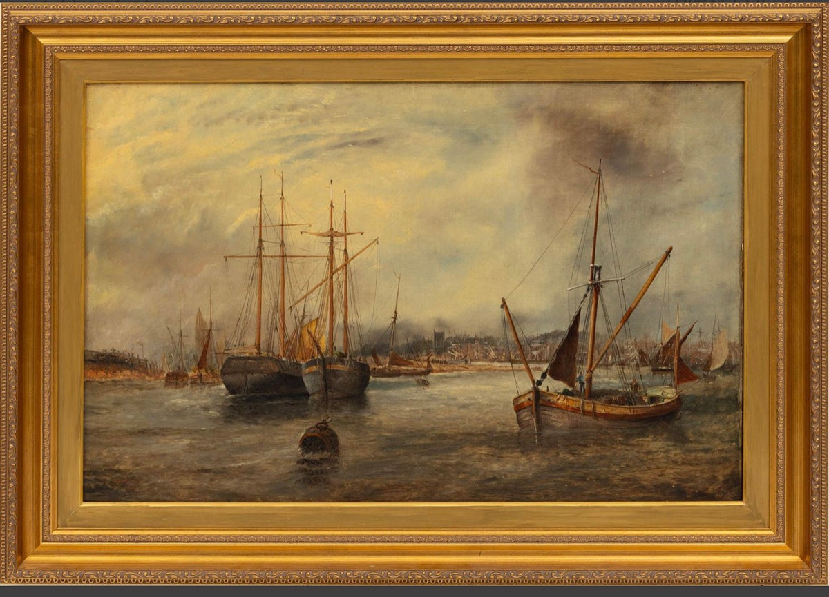 J. Edwards English Maritime Oil Painting “Ipswich Dock, Suffolk” | Signed/Inscribed 1879 | Original Gilt | Framed 27”H × 38”W