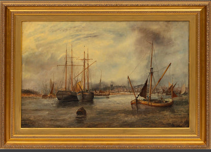 J. Edwards English Maritime Oil Painting “Ipswich Dock, Suffolk” | Signed/Inscribed 1879 | Original Gilt | Framed 27”H × 38”W