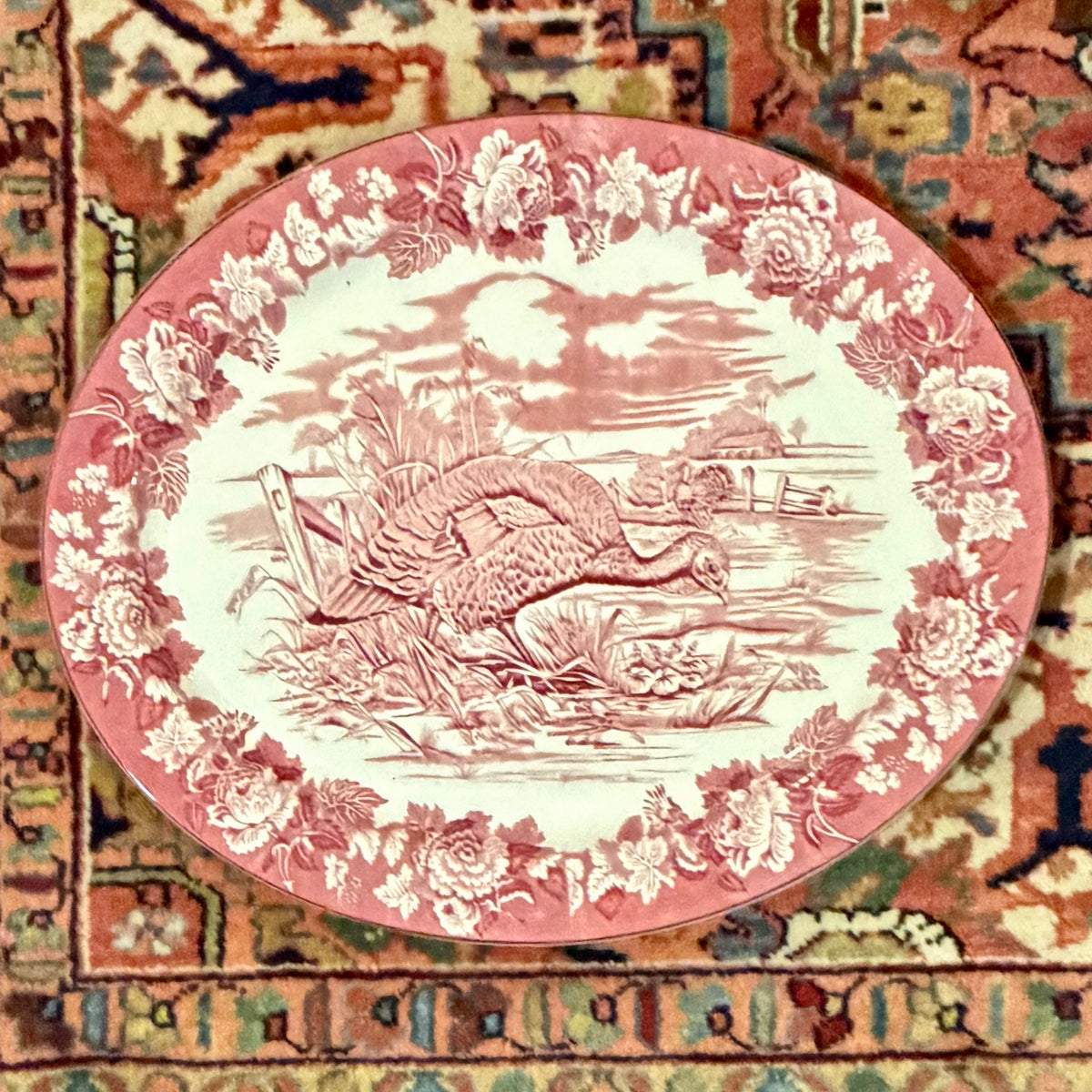 Rare Massive red pink willow older vintage Enoch Woods Burslem England platter 21 x 18