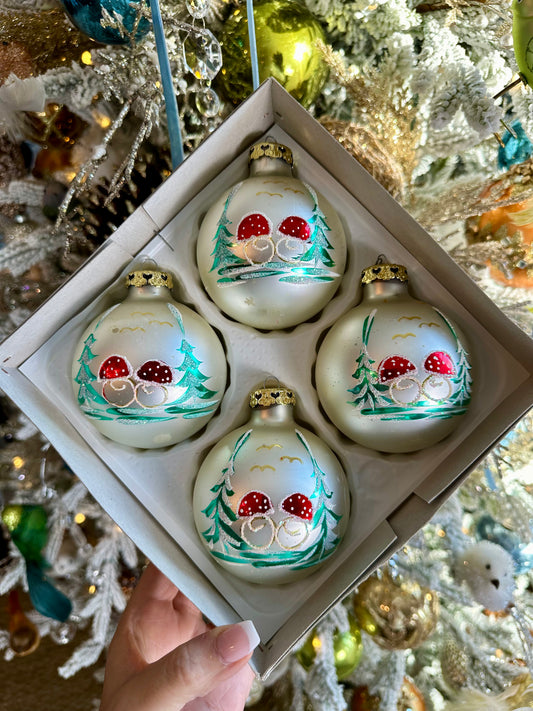 Pack of 4 Vintage Germany Mushroom Mercury Glass Ornaments