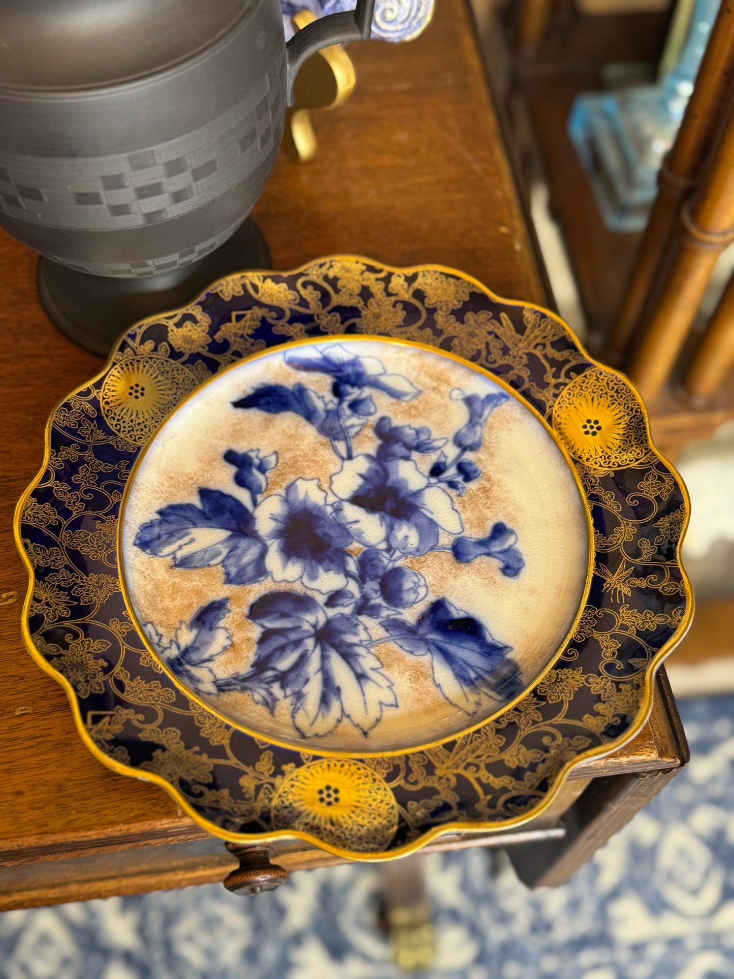 Antique Doulton Burslem “Blue Iris” Platter & (12) Scalloped 9.5”D Plates | England, c. 1890–1902