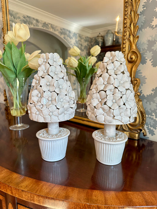 Fabulous Vintage Pair White Floral Italian Tree Topiaries