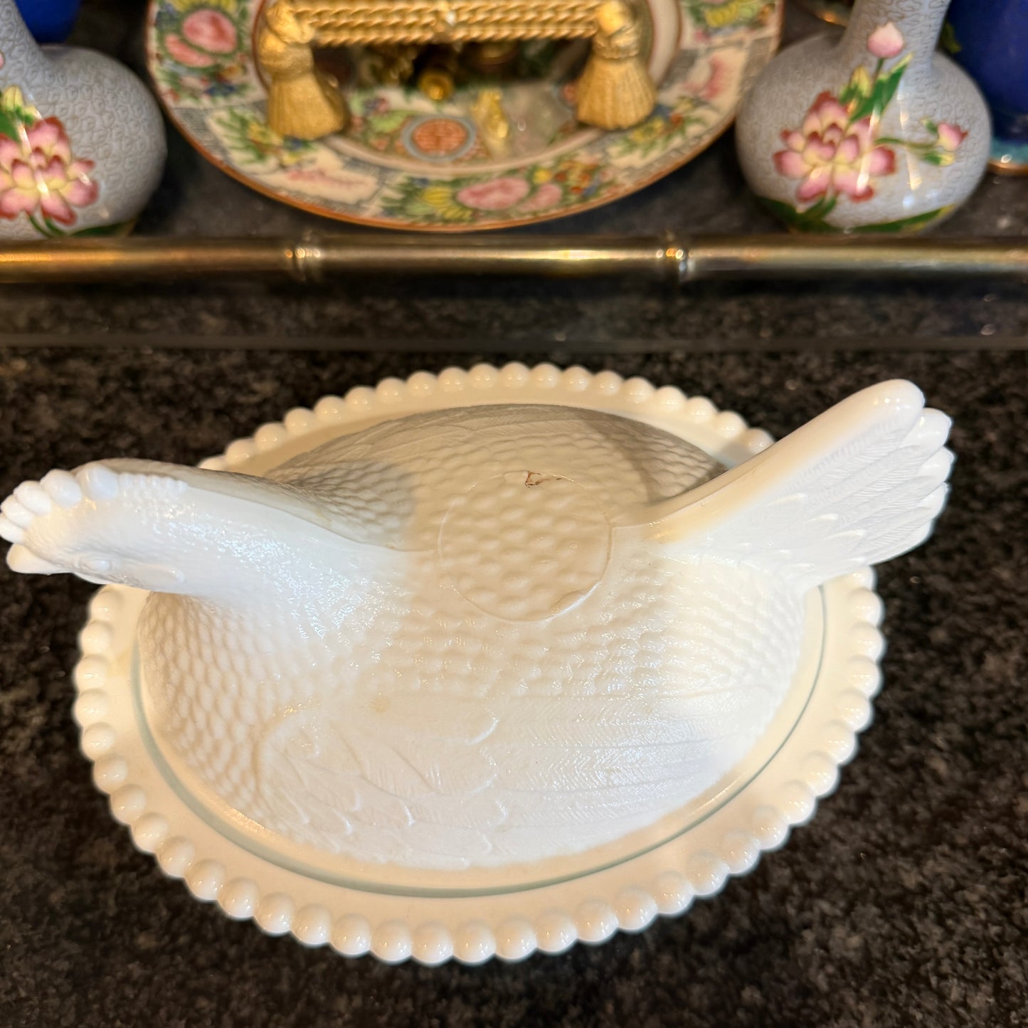 Vintage white rooster lidded dish serving milk glass 8 x 5