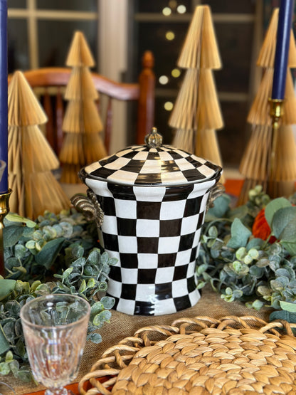 Danny's Fine Porcelain - Black & Which Check Jar W/ Bronze Lid and Shell Handles - 9L X 7W X 10H