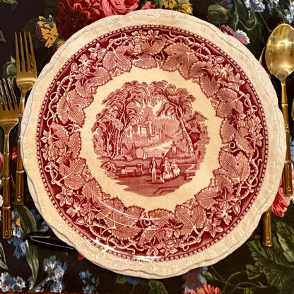 Rare Set of 8 Mason's Vista Pink Red willow dinner plates 10d