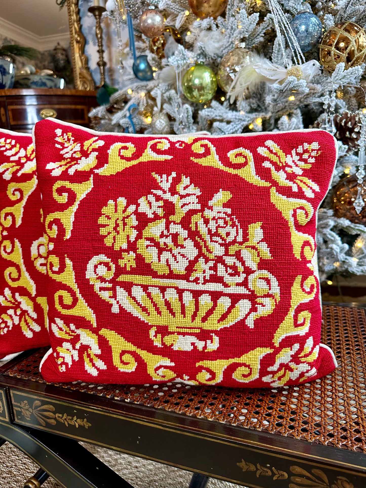 Pair of Gorgeous Red & Gold w White Florals in Urn Needlepoint Pillows