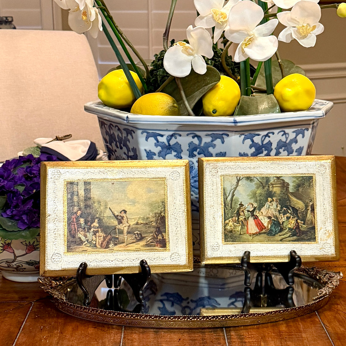 Set of two Gorgeous Florentine botanical painting on wood Italian wall art 8 x 6