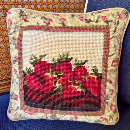 Adorable vintage strawberry botanical needlepoint throw pillow