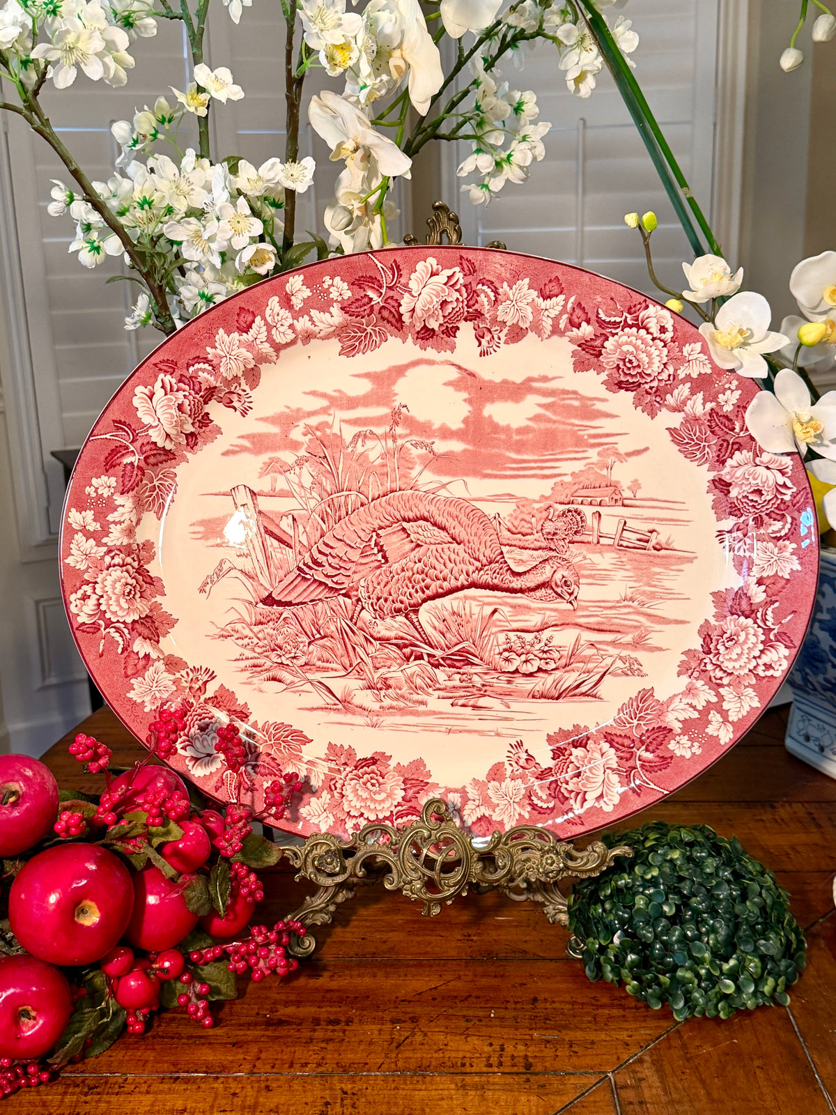 Rare Massive red pink willow older vintage Enoch Woods Burslem England platter 21 x 18