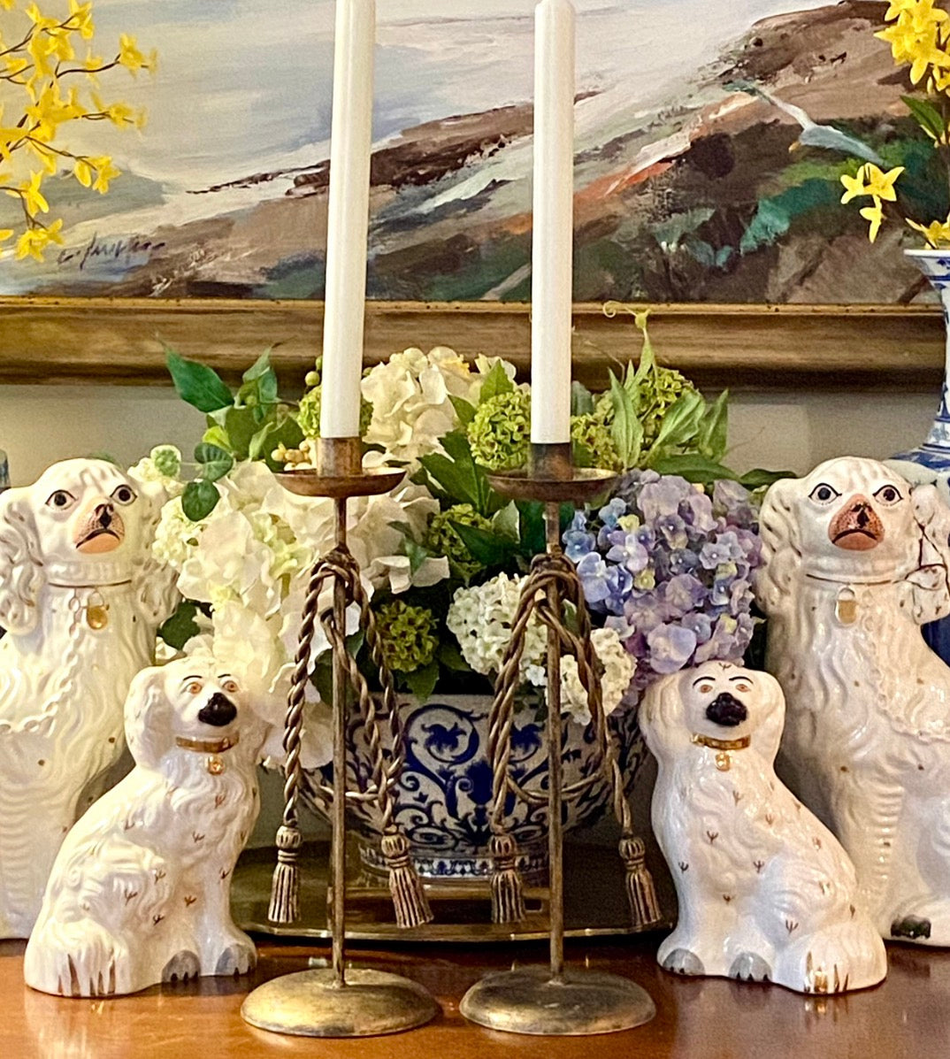 Stunning vintage pair of Hollywood Regency tassel candlesticks