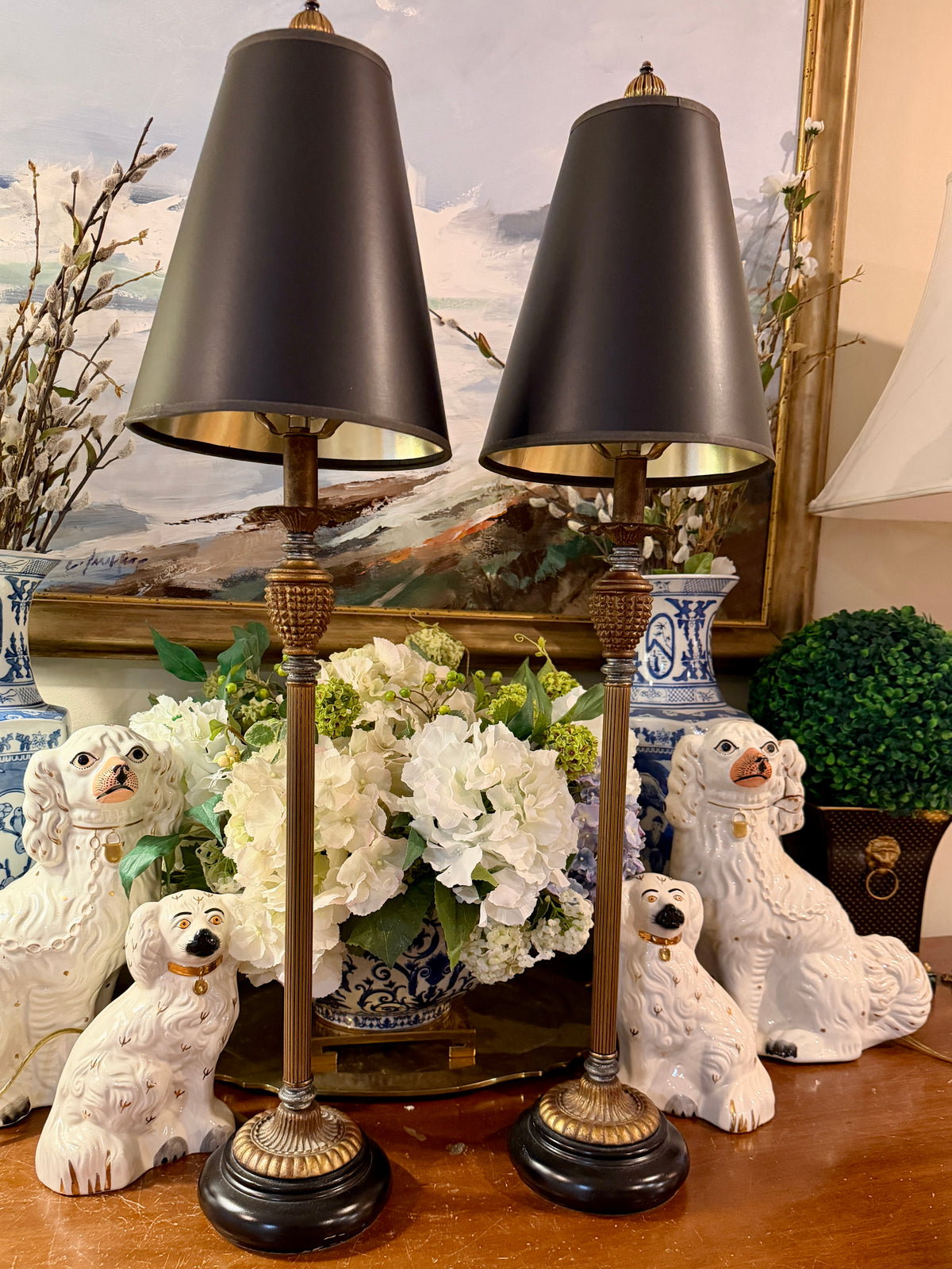 Stunning Statuesque pair of vintage gold gild & Ebony Buffet lamps 31 in w shades