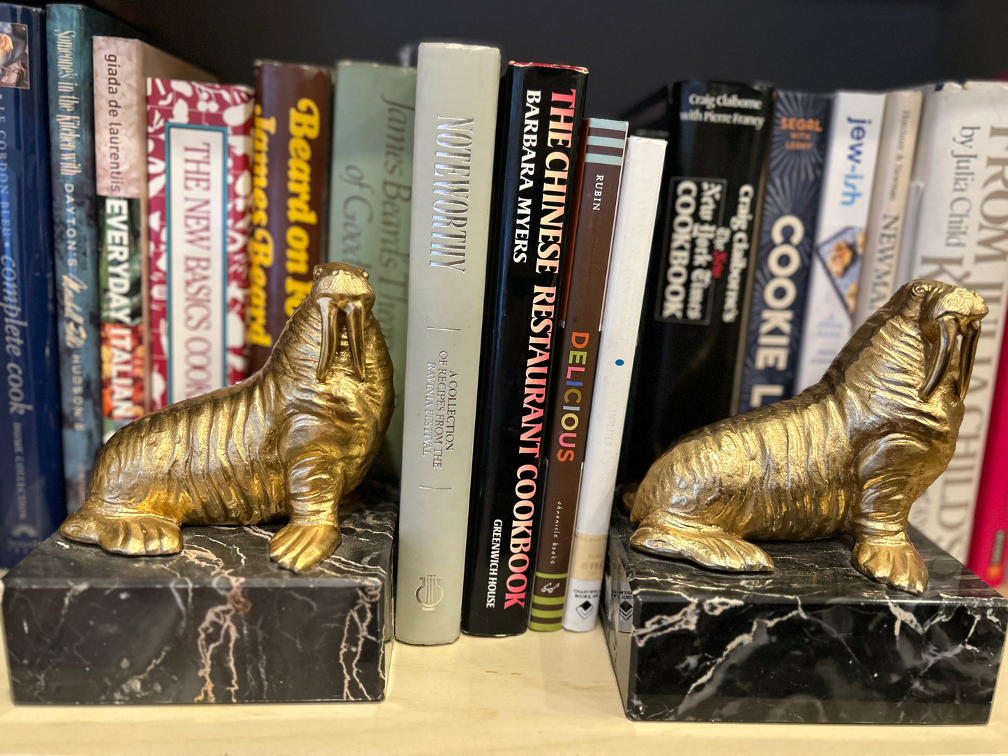 Gorgeous Pair of Vintage Bronze and Marble Walrus Bookends