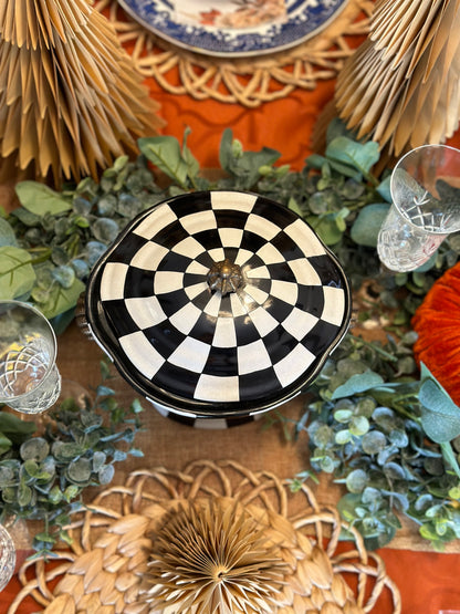 Danny's Fine Porcelain - Black & Which Check Jar W/ Bronze Lid and Shell Handles - 9L X 7W X 10H