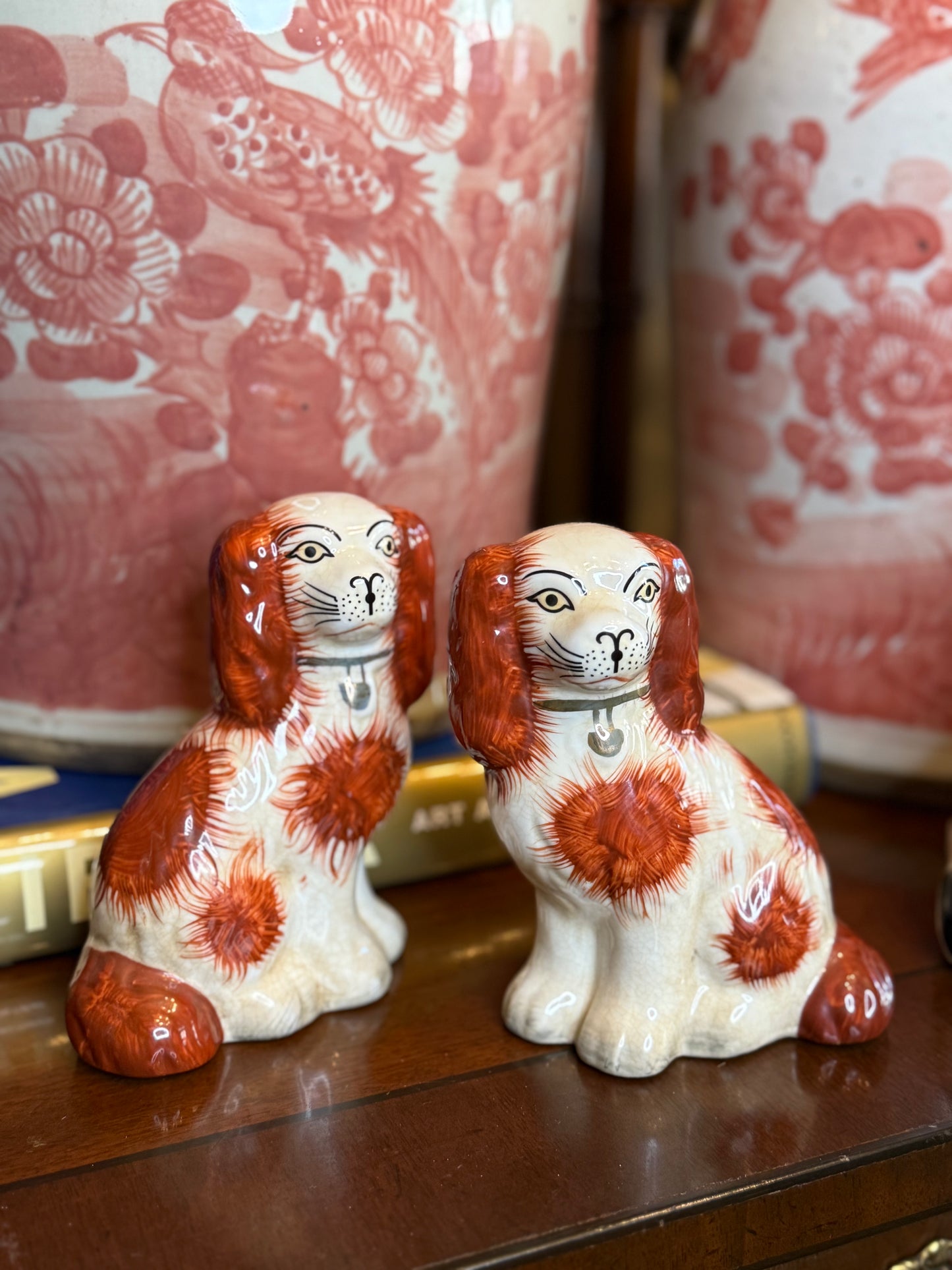 Danny’s Fine Porcelain: Red/White, 6” Tall Mantle Spaniel Dog Pair