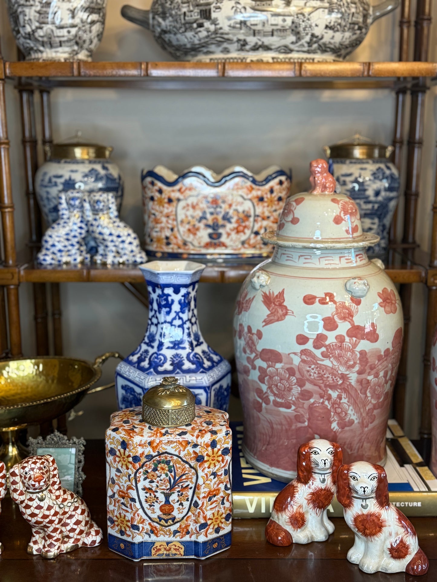 Danny’s Fine Porcelain: Red and White Porcelain Ginger Jar with Foo Dog Finial – 24” Tall