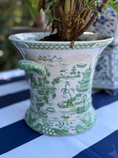 Danny's Fine Porcelain - Green/White Pagoda Porcelain Jardinière Planter, 7" Tall, 8"D - Pristine!