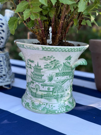 Danny's Fine Porcelain - Green/White Pagoda Porcelain Jardinière Planter, 7" Tall, 8"D - Pristine!