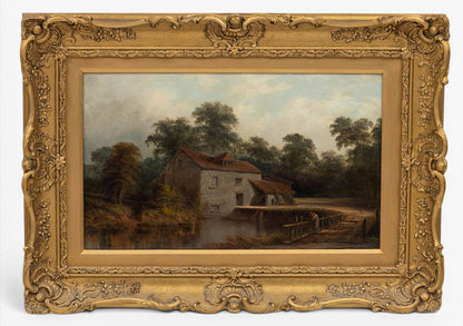 Antique A. Coleman English Landscape Oil Painting “Millpond Fishing” | Signed & Dated 1885 | Giltwood | Framed 19.75”H × 27.5”W