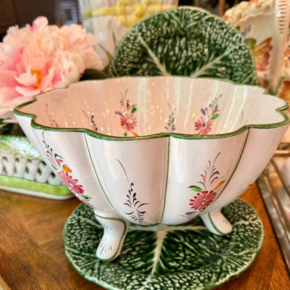 Gorgeous green scalloped tripod planter centerpiece bowl made in Portugal