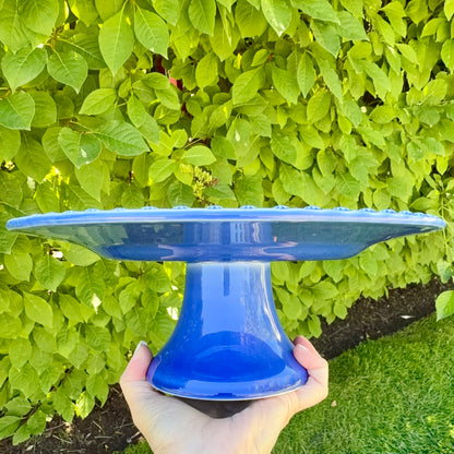 Vintage BORDALLO pinheiro of Portugal blue cake plate on stand