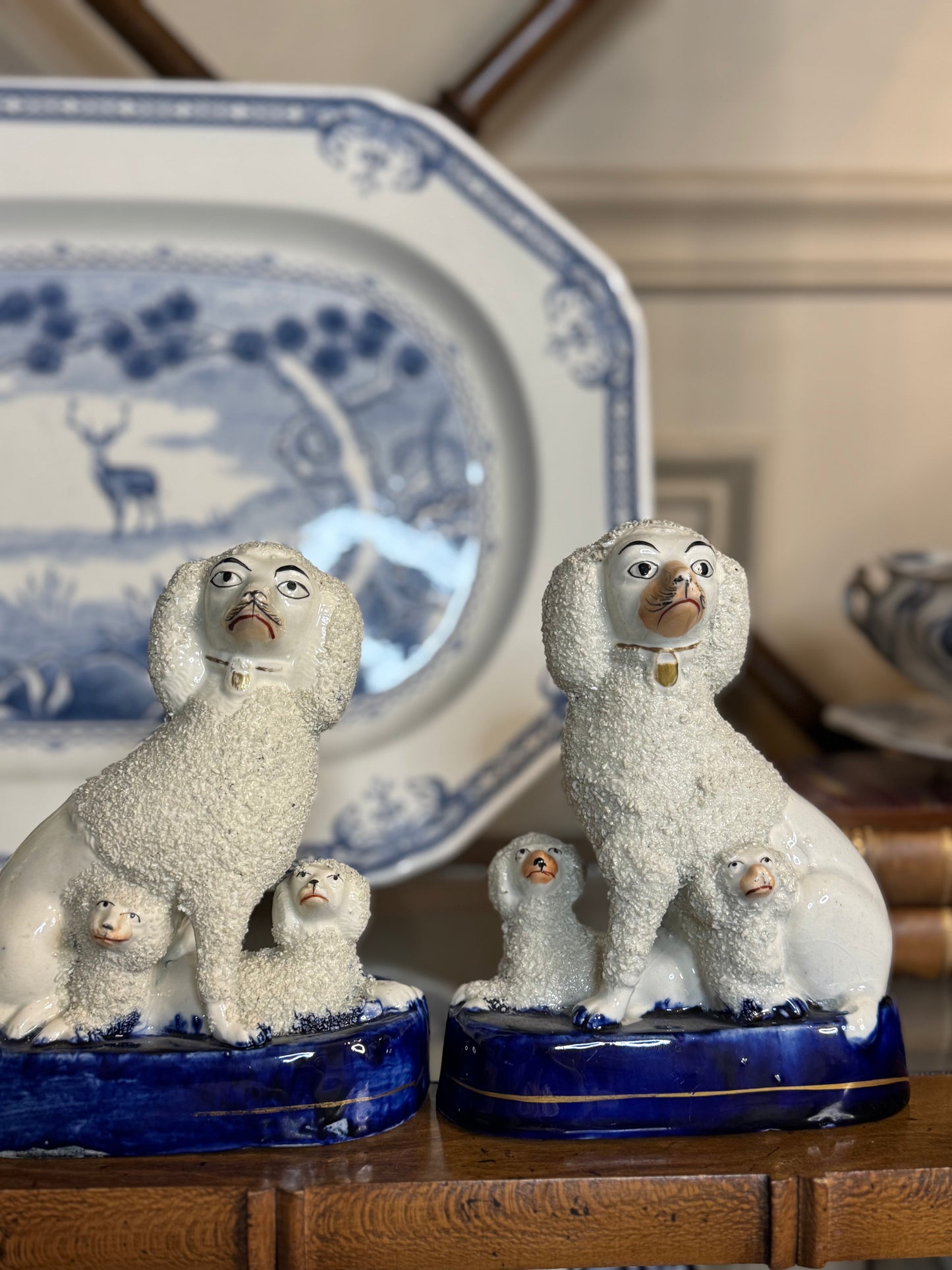 RESERVED - DA4348 - Pair of 19th century Staffordshire confetti poodle figures with puppies