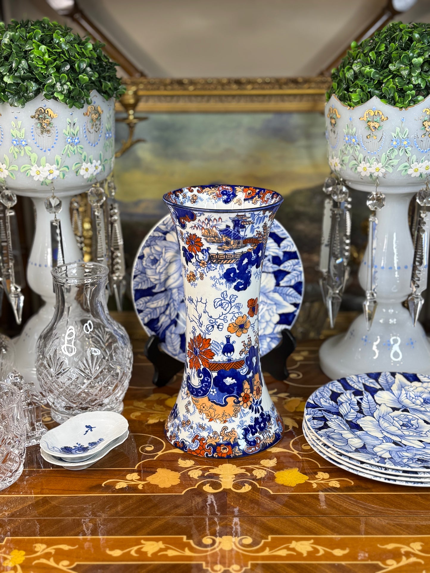 Antique English Imari-Style Vase | Blue, Rust & White Transferware | 10” Tall