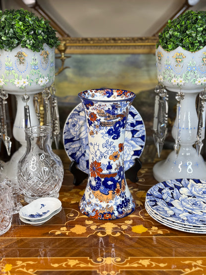 Antique English Imari-Style Vase | Blue, Rust & White Transferware | 10” Tall