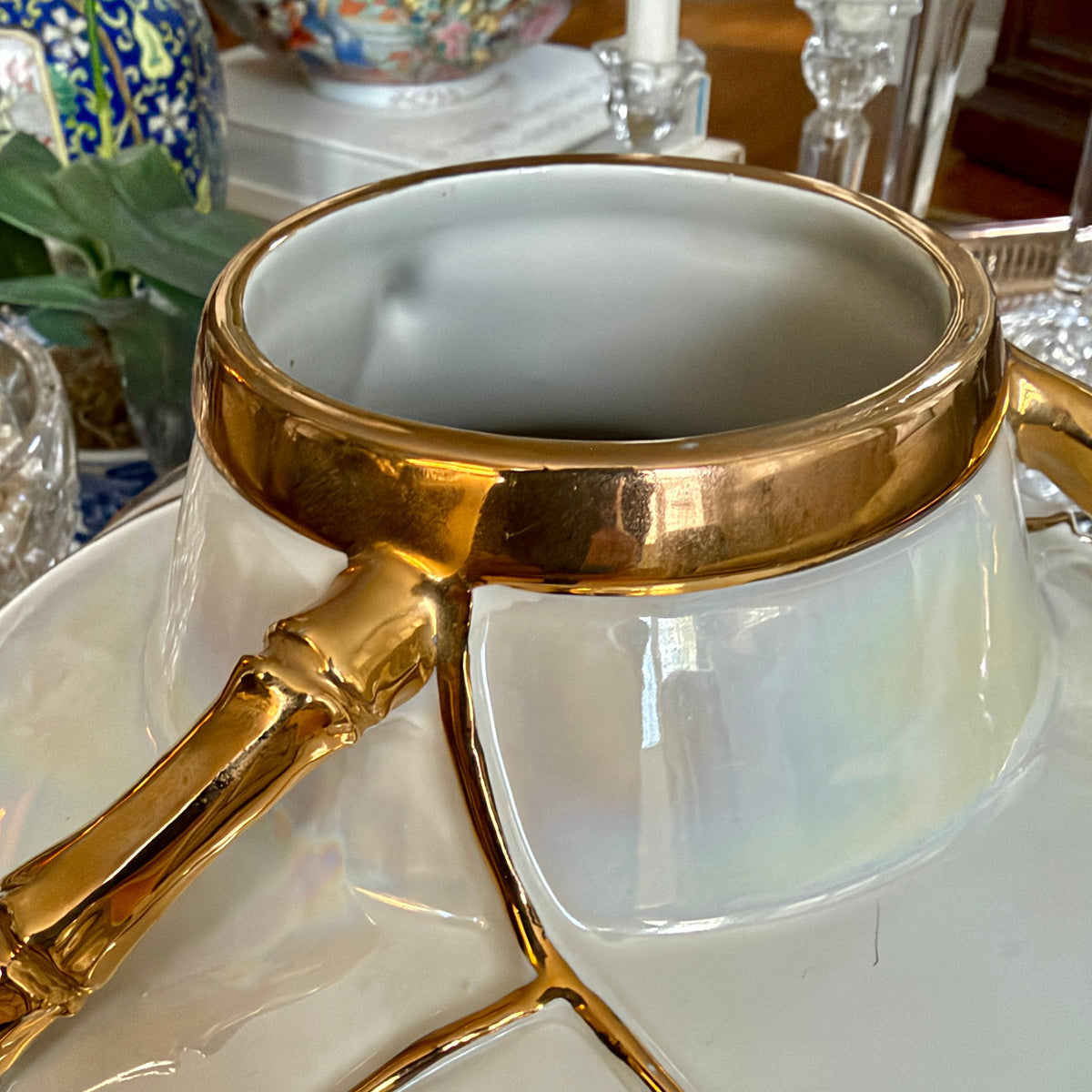 Extremely chic Italian designer Alessi vintage metallic faux bamboo gold and silver detailing on opal irredecent white vase