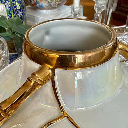 Extremely chic Italian designer Alessi vintage metallic faux bamboo gold and silver detailing on opal irredecent white vase
